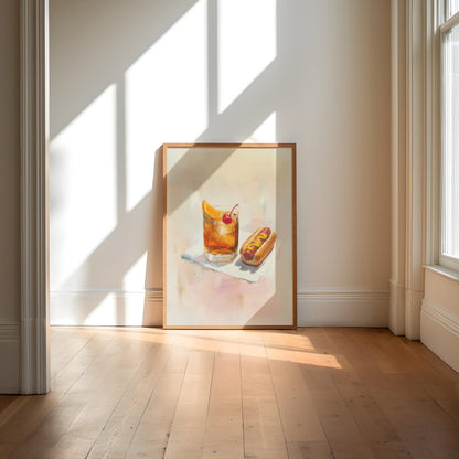 Old Fashioned with Hotdog Art Print | Cute Quirky Whimsical | Cocktail Art | Bar Cart Decor | Trendy Home Wall Art Gift | Funny Food Art