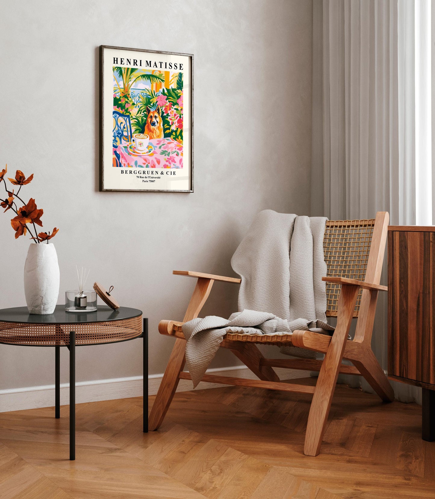 German Shepherd Dronking Coffee Art Print: Matisse Style Dopamine Decor