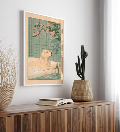 Labrador in Bathtub Art Print: Ukiyo-e Japanese Dog Decor
