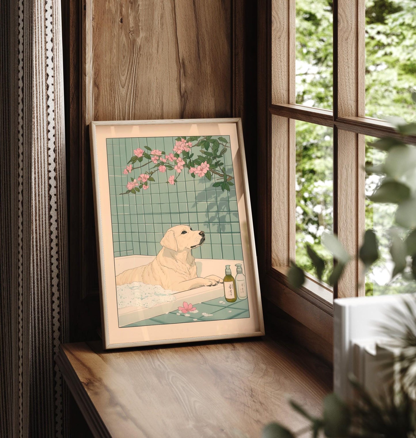 Labrador in Bathtub Art Print: Ukiyo-e Japanese Dog Decor