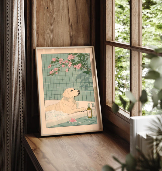 Labrador in Bathtub Art Print: Ukiyo-e Japanese Dog Decor