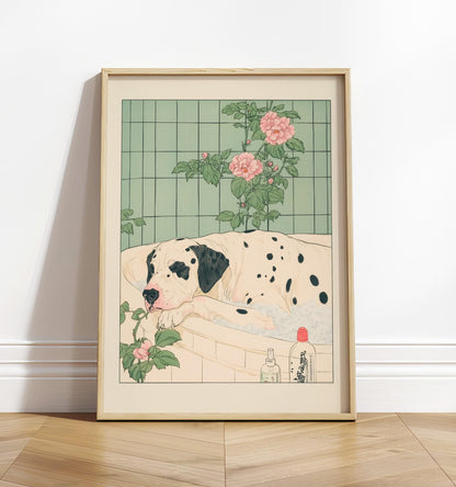 Spotty Great Dane taking a bath, Funny Japanese bathroom wall print, Dog lover gift, Japandi ukiyo-e aesthetic poster, Minimalist decor