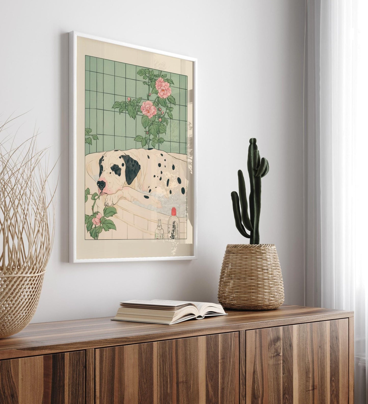 Spotty Great Dane taking a bath, Funny Japanese bathroom wall print, Dog lover gift, Japandi ukiyo-e aesthetic poster, Minimalist decor