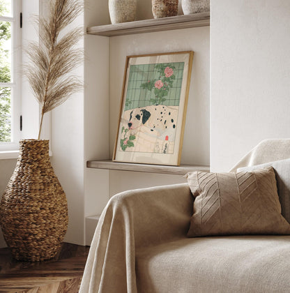 Spotty Great Dane taking a bath, Funny Japanese bathroom wall print, Dog lover gift, Japandi ukiyo-e aesthetic poster, Minimalist decor