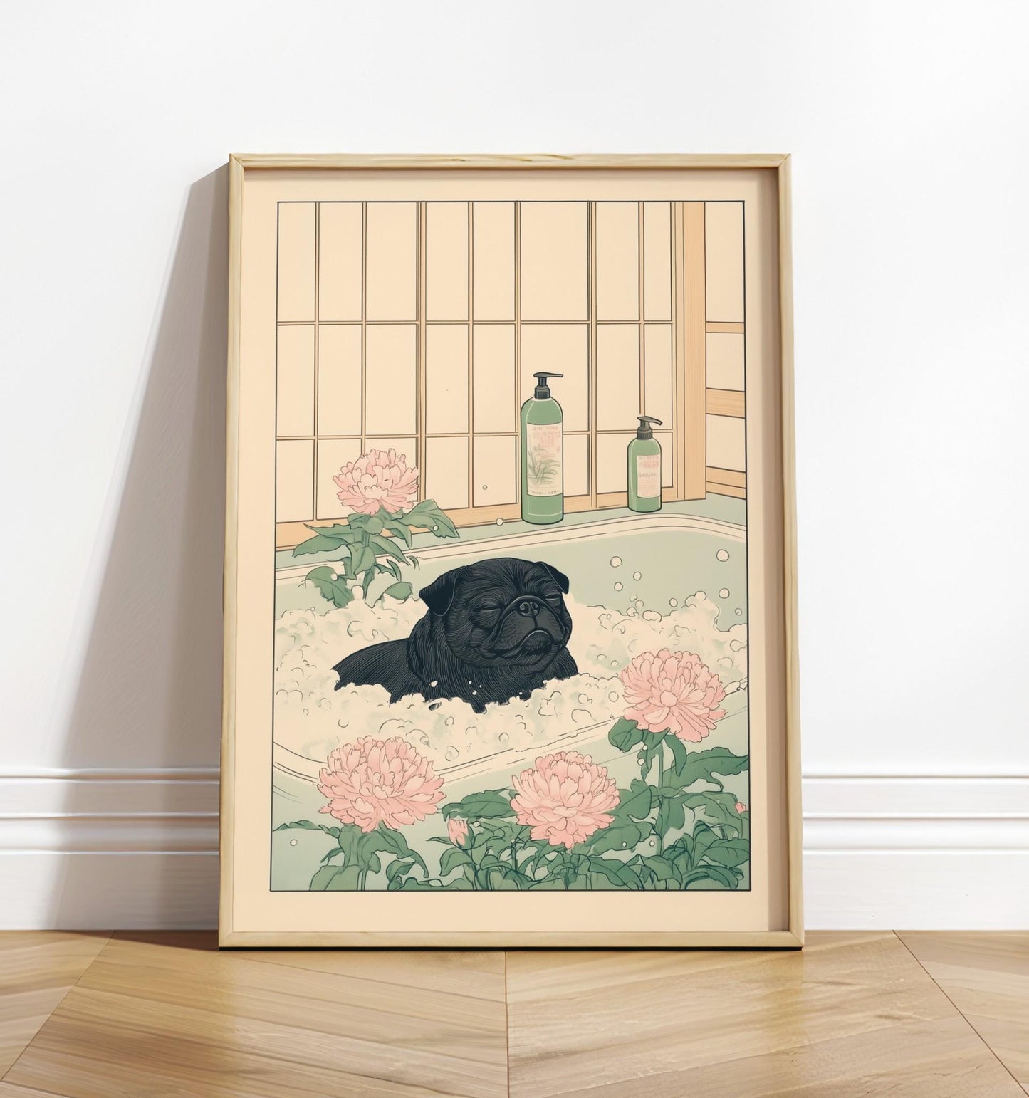 Black Pug Bathroom Print: Kawaii Japandi Ukiyo-e Dog Art