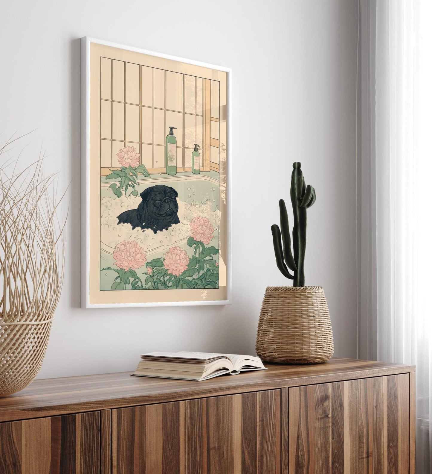 Black Pug Bathroom Print: Kawaii Japandi Ukiyo-e Dog Art