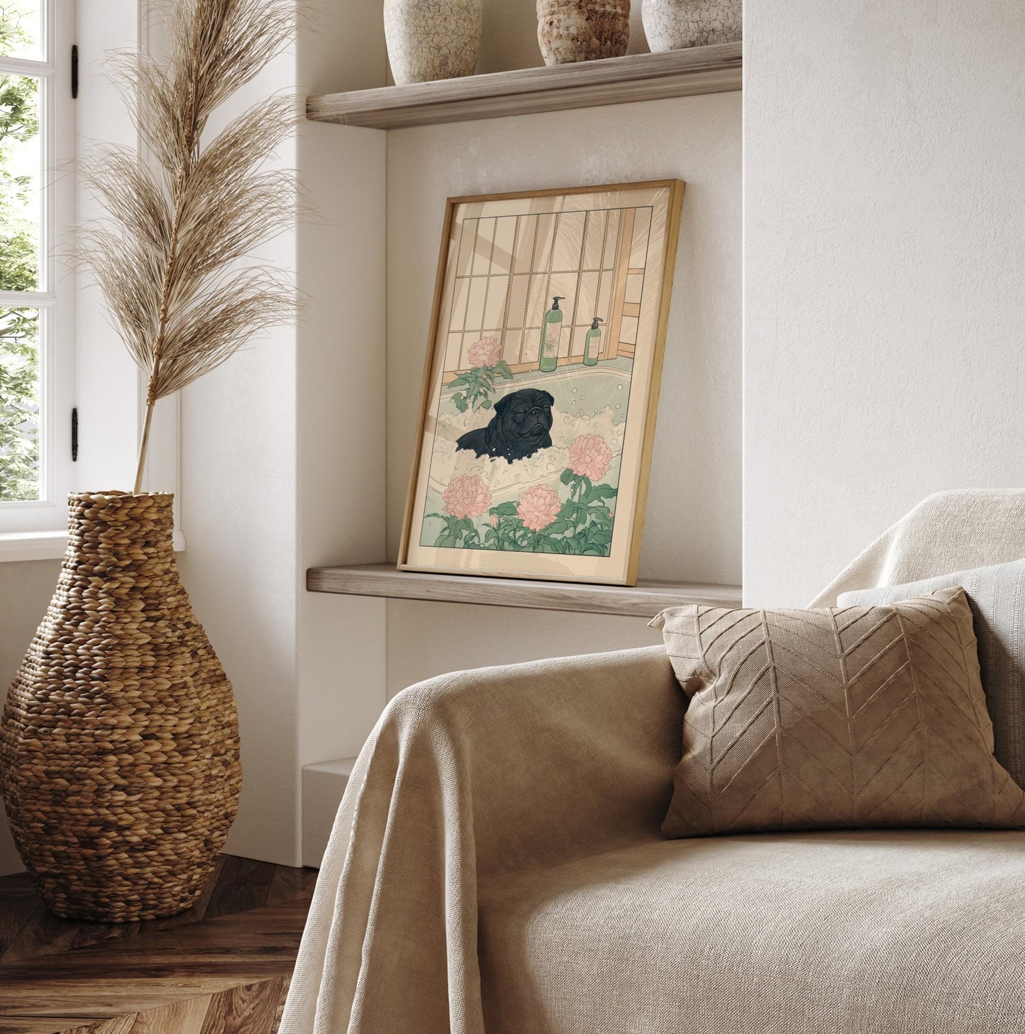 Black Pug Bathroom Print: Kawaii Japandi Ukiyo-e Dog Art
