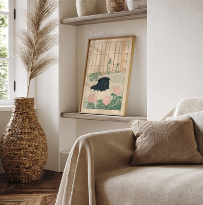 Black Pug Bathroom Print: Kawaii Japandi Ukiyo-e Dog Art