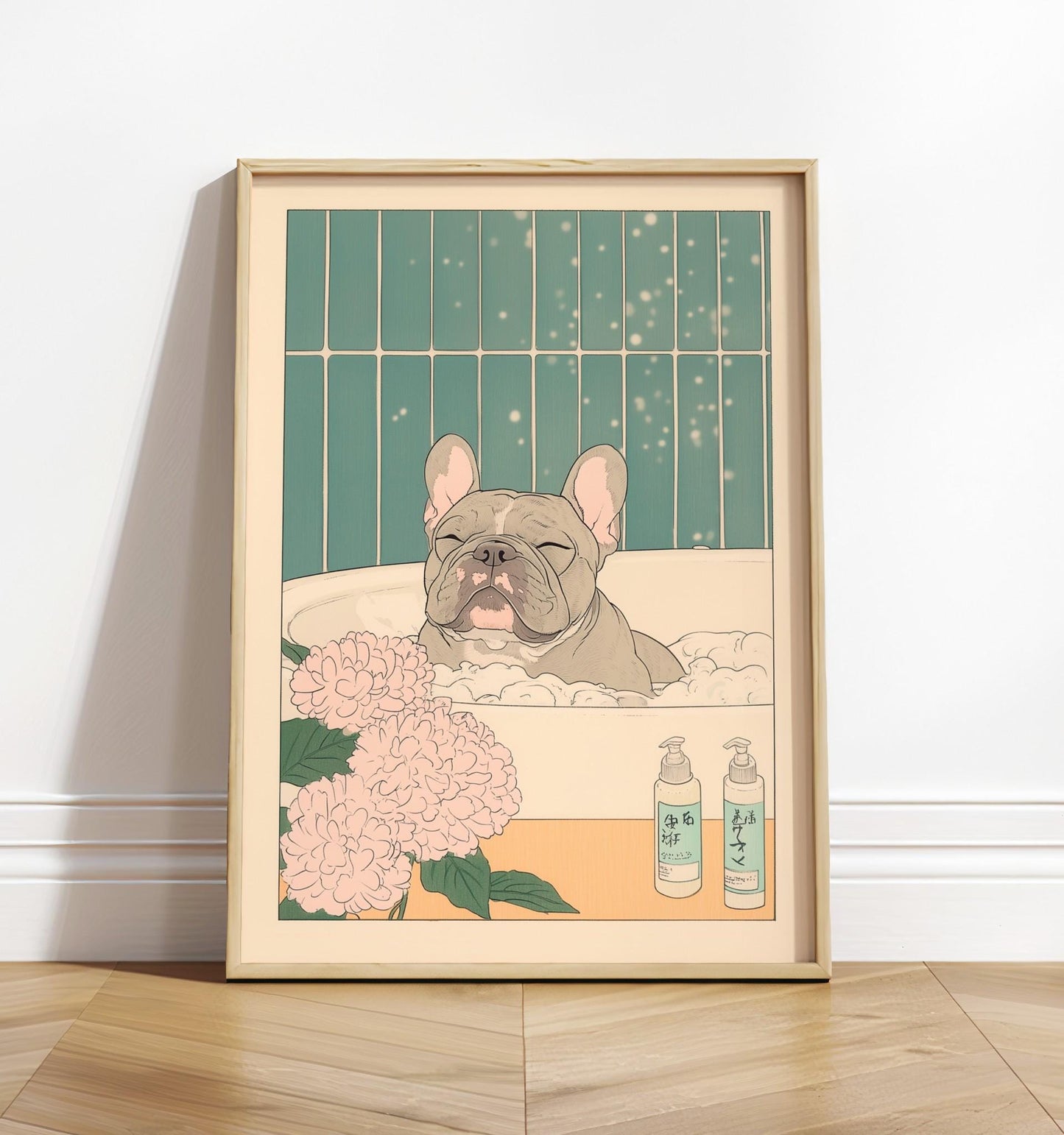 French Bulldog Bathroom Print: Japanese Ukiyo-e Art, Neutral Decor