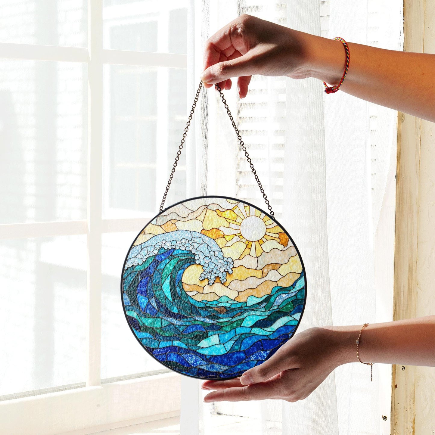Ocean Wave Stained Glass Suncatcher Window Hanging Gift for Beach Lovers