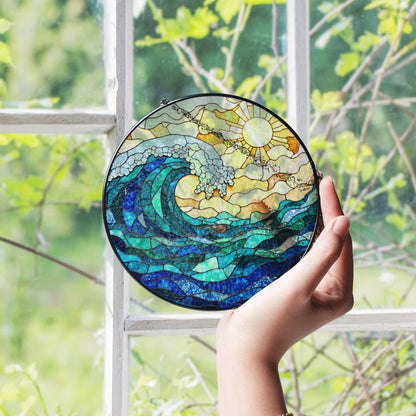 Ocean Wave Stained Glass Suncatcher Window Hanging Gift for Beach Lovers
