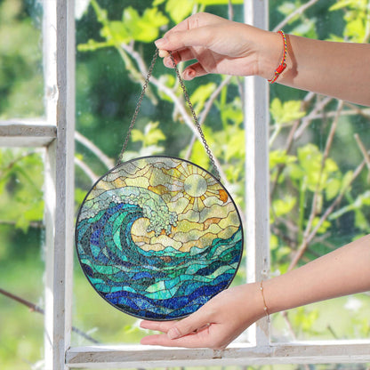 Ocean Wave Stained Glass Suncatcher Window Hanging Gift for Beach Lovers