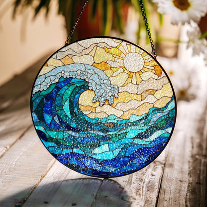 Ocean Wave Stained Glass Suncatcher Window Hanging Gift for Beach Lovers