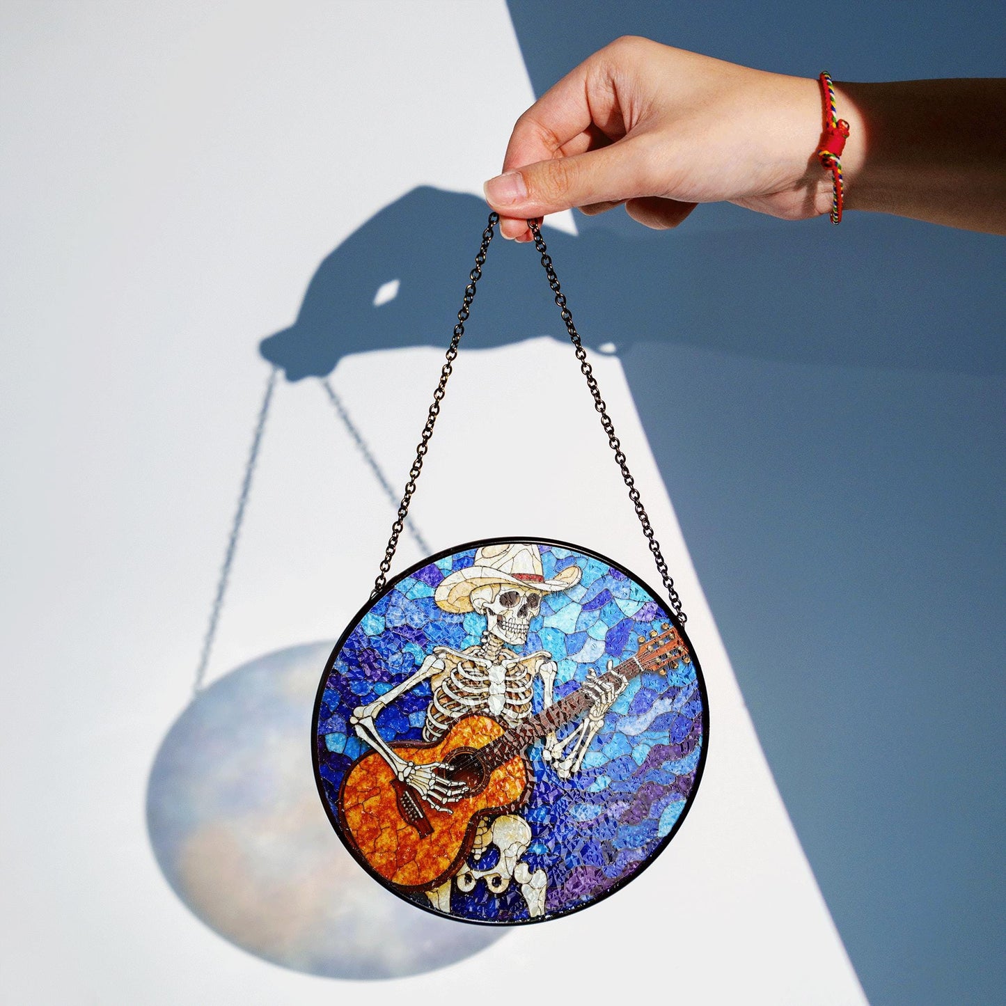 Skeleton Cowboy Playing Guitar Stained Glass Suncatcher Gift for Music Lovers