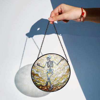 Dancing Skeleton Stained Glass Suncatcher Halloween Decor Gift for Goth Lovers