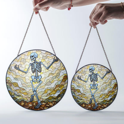 Dancing Skeleton Stained Glass Suncatcher Halloween Decor Gift for Goth Lovers
