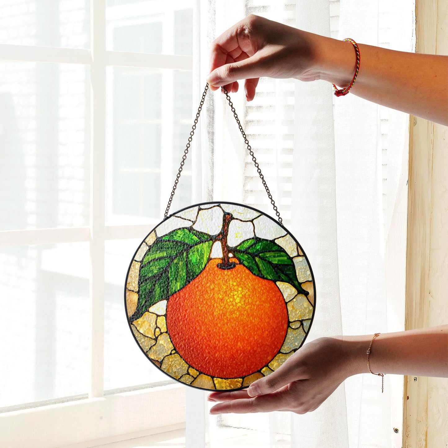 Orange Fruit Stained Glass Suncatcher Window Hanging Gift for Mom Dad Friend