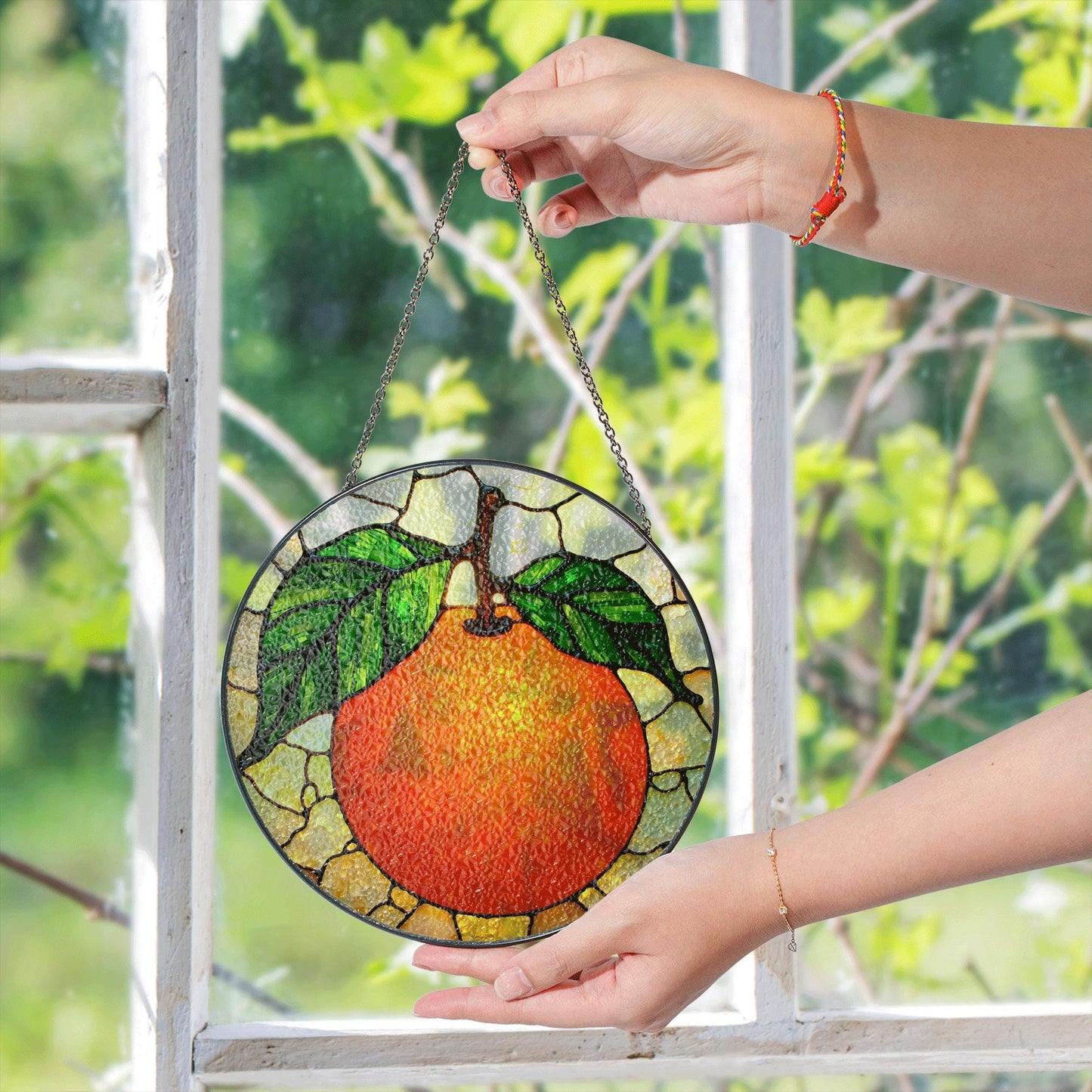 Orange Fruit Stained Glass Suncatcher Window Hanging Gift for Mom Dad Friend