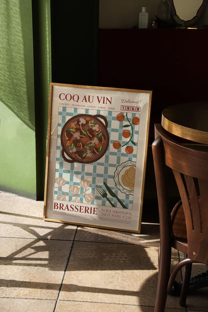 Coq Au Vin Poster, Kitchen Art, Kitchen Poster, Kitchen Print, Food Print, Modern Kitchen Decor, Retro Poster, Coffee Poster