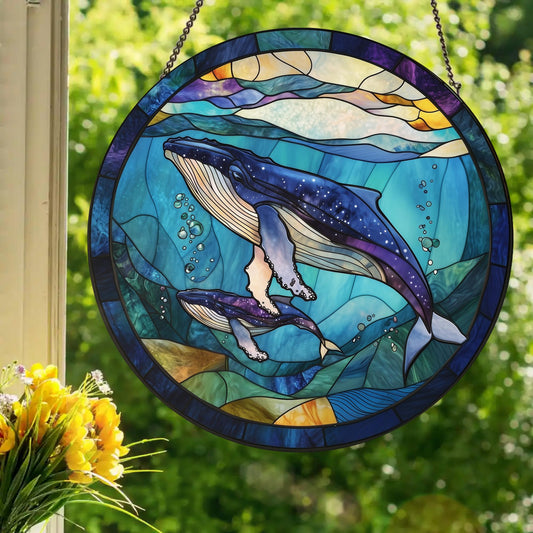 Humpback Baby and Mama: Stained Glass Style Window Hanging