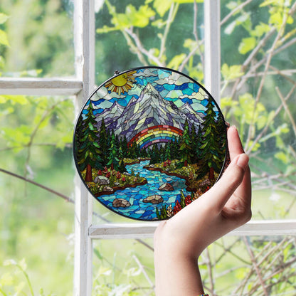 Mountain River Stained Glass Suncatcher Nature Decor Gift for Mom Dad Friends