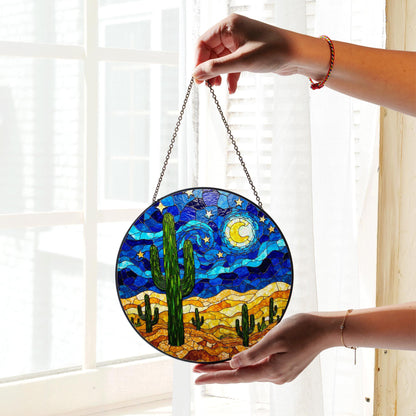 Desert Cactus Stained Glass Suncatcher Window Hanging Gift for Nature Lovers