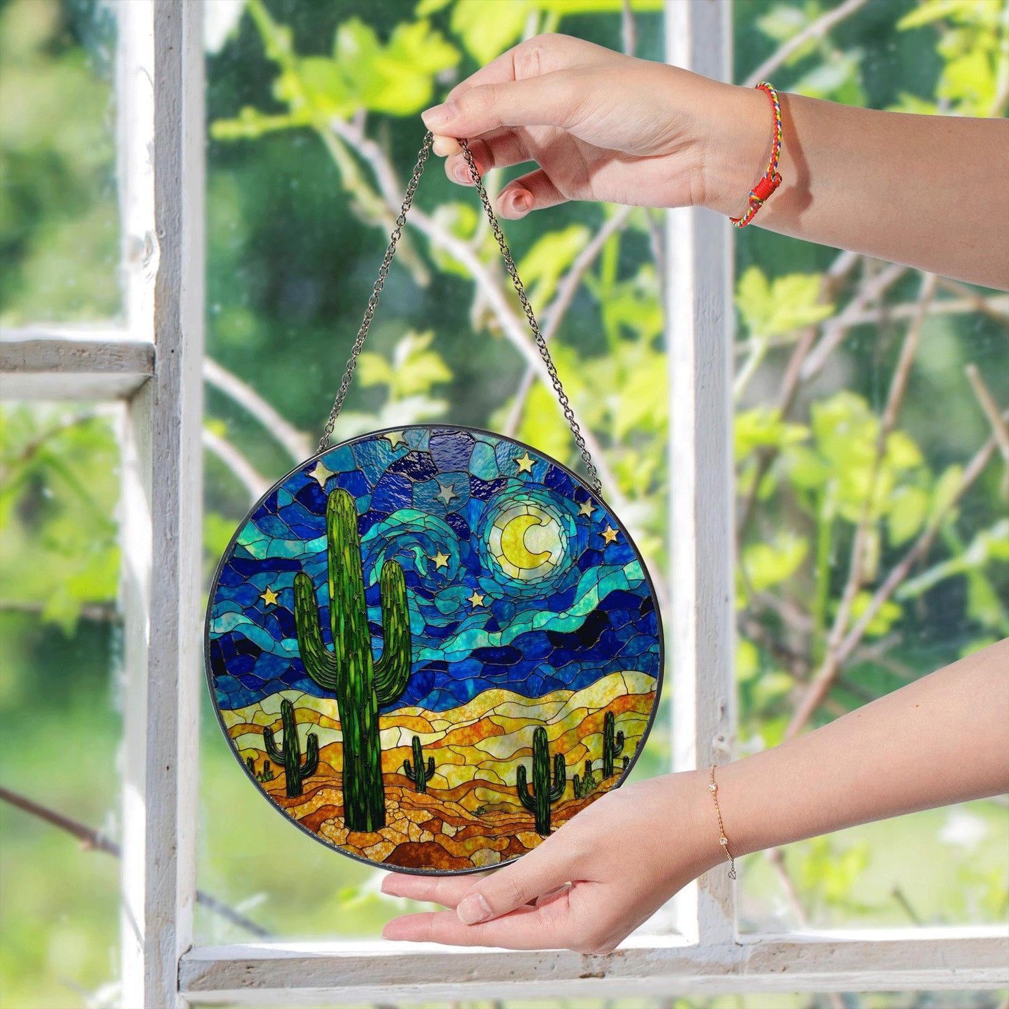 Desert Cactus Stained Glass Suncatcher Window Hanging Gift for Nature Lovers