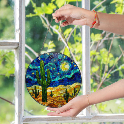Desert Cactus Stained Glass Suncatcher Window Hanging Gift for Nature Lovers