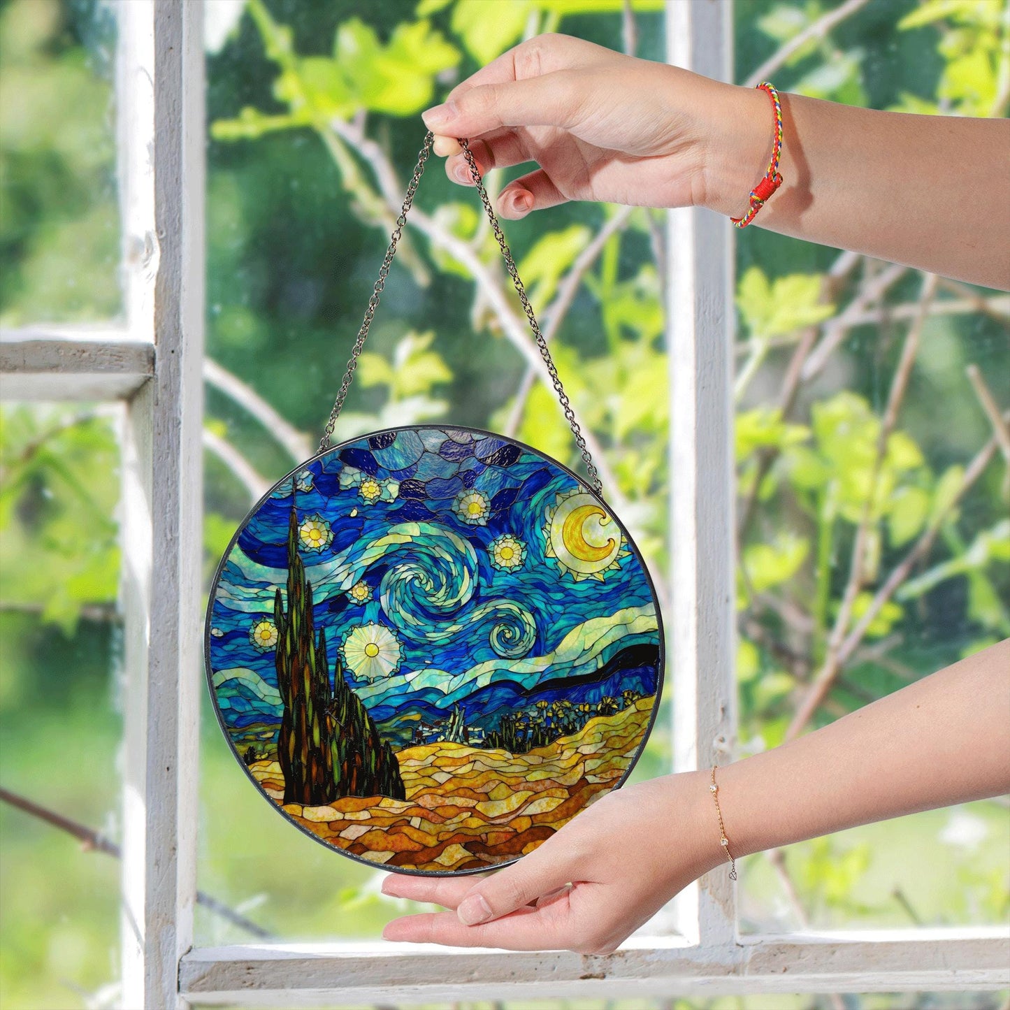Starry Night Stained Glass Suncatcher Window Decor Gift for Art Lovers