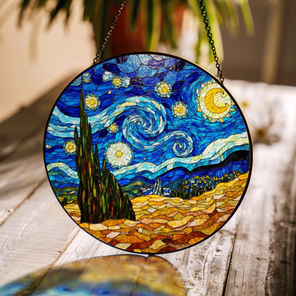 Starry Night Stained Glass Suncatcher Window Decor Gift for Art Lovers