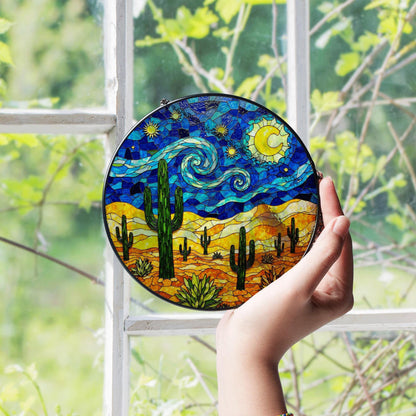 Desert Night Sky Suncatcher Stained Glass Cactus Decor Gift for Nature Lovers