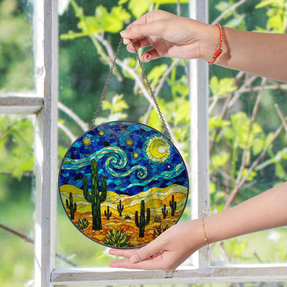 Desert Night Sky Suncatcher Stained Glass Cactus Decor Gift for Nature Lovers
