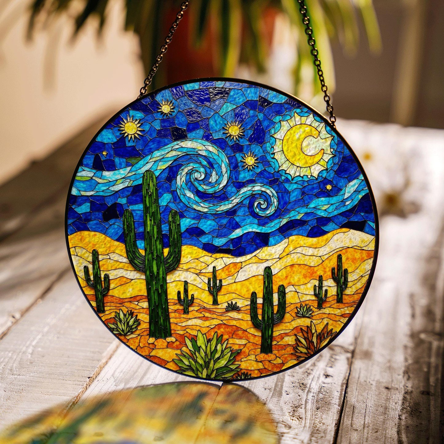 Desert Night Sky Suncatcher Stained Glass Cactus Decor Gift for Nature Lovers