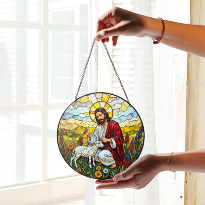 Jesus Good Shepherd Stained Glass Suncatcher Christian Home Decor Gift for Mom Dad