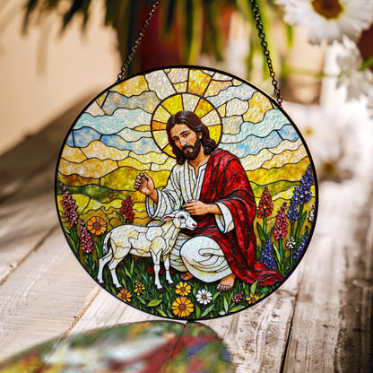 Jesus Good Shepherd Stained Glass Suncatcher Christian Home Decor Gift for Mom Dad