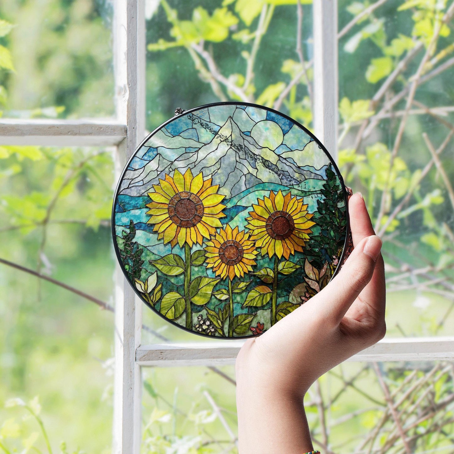 Sunflower Stained Glass Suncatcher Mountain Art Window Hanging Gift for Nature Lovers