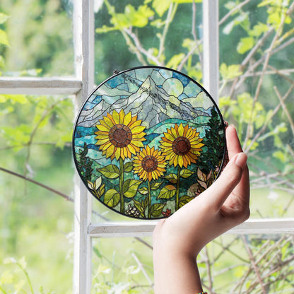 Sunflower Stained Glass Suncatcher Mountain Art Window Hanging Gift for Nature Lovers