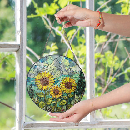 Sunflower Stained Glass Suncatcher Mountain Art Window Hanging Gift for Nature Lovers