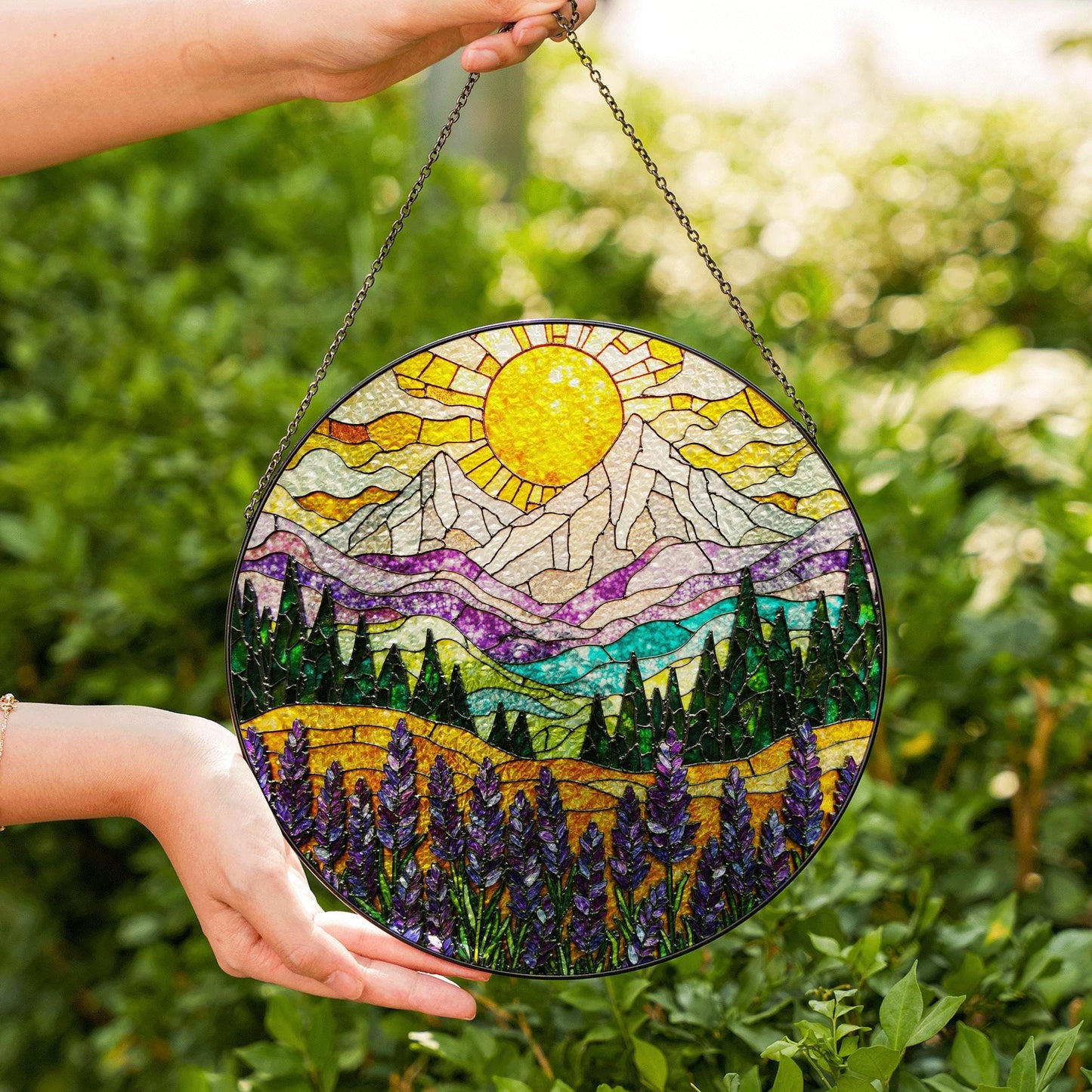 Mountain Sun Suncatcher Stained Glass Window Hanging Gift for Nature Lovers