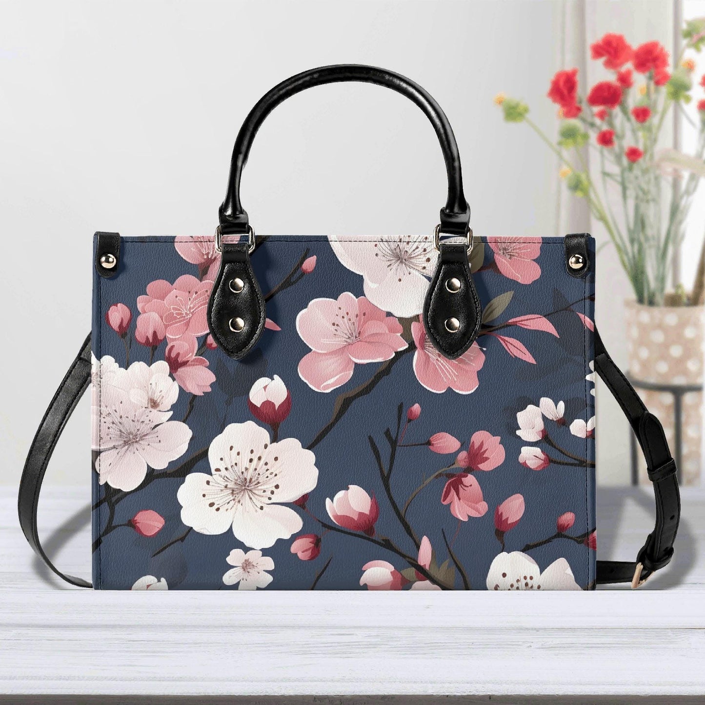 Cherry Blossom Dreams Handbag. Square Tote Bag, Waterproof PU Leather Tote, Top Handle Vegan Leather, Crossbody, Shoulder bag,