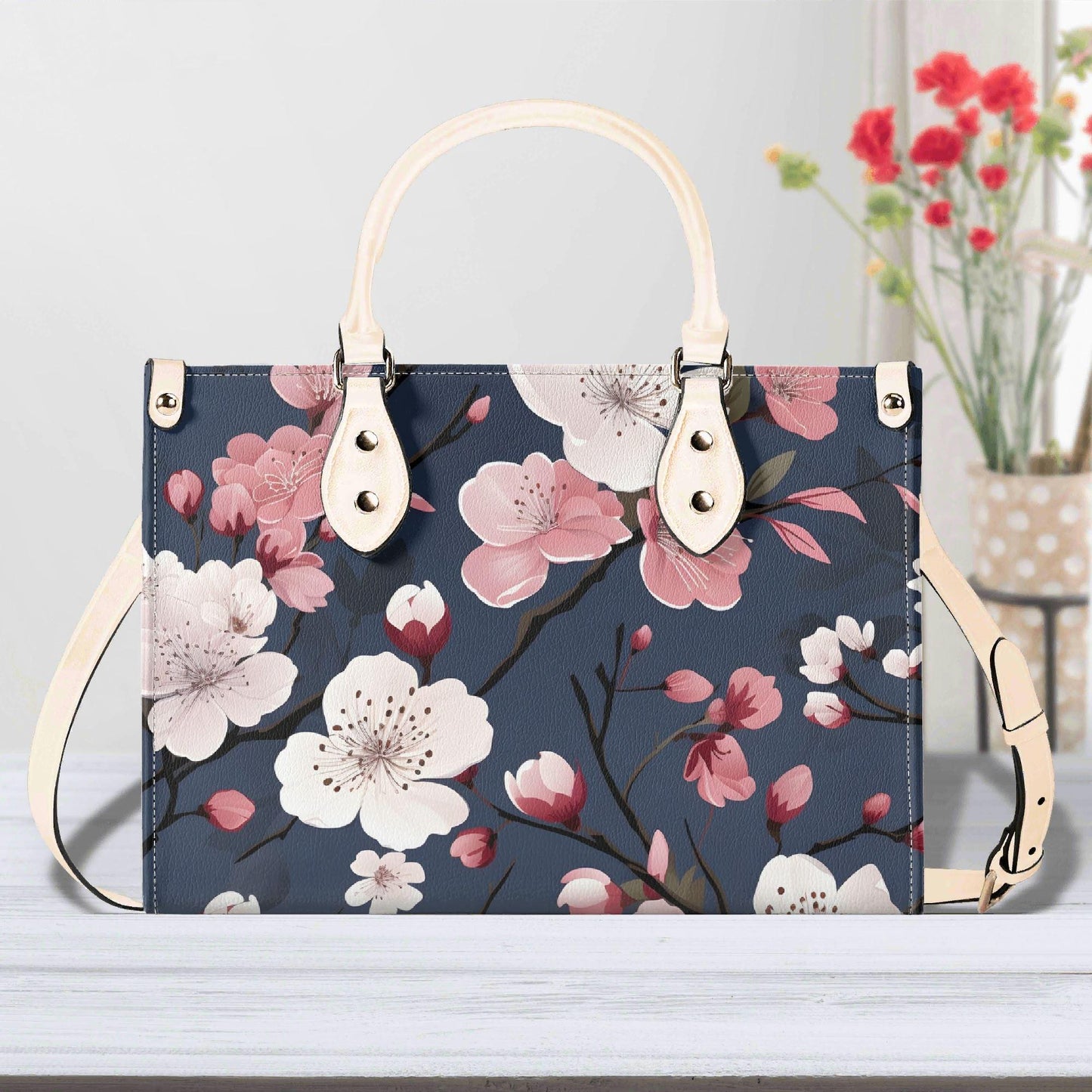 Cherry Blossom Dreams Handbag. Square Tote Bag, Waterproof PU Leather Tote, Top Handle Vegan Leather, Crossbody, Shoulder bag,