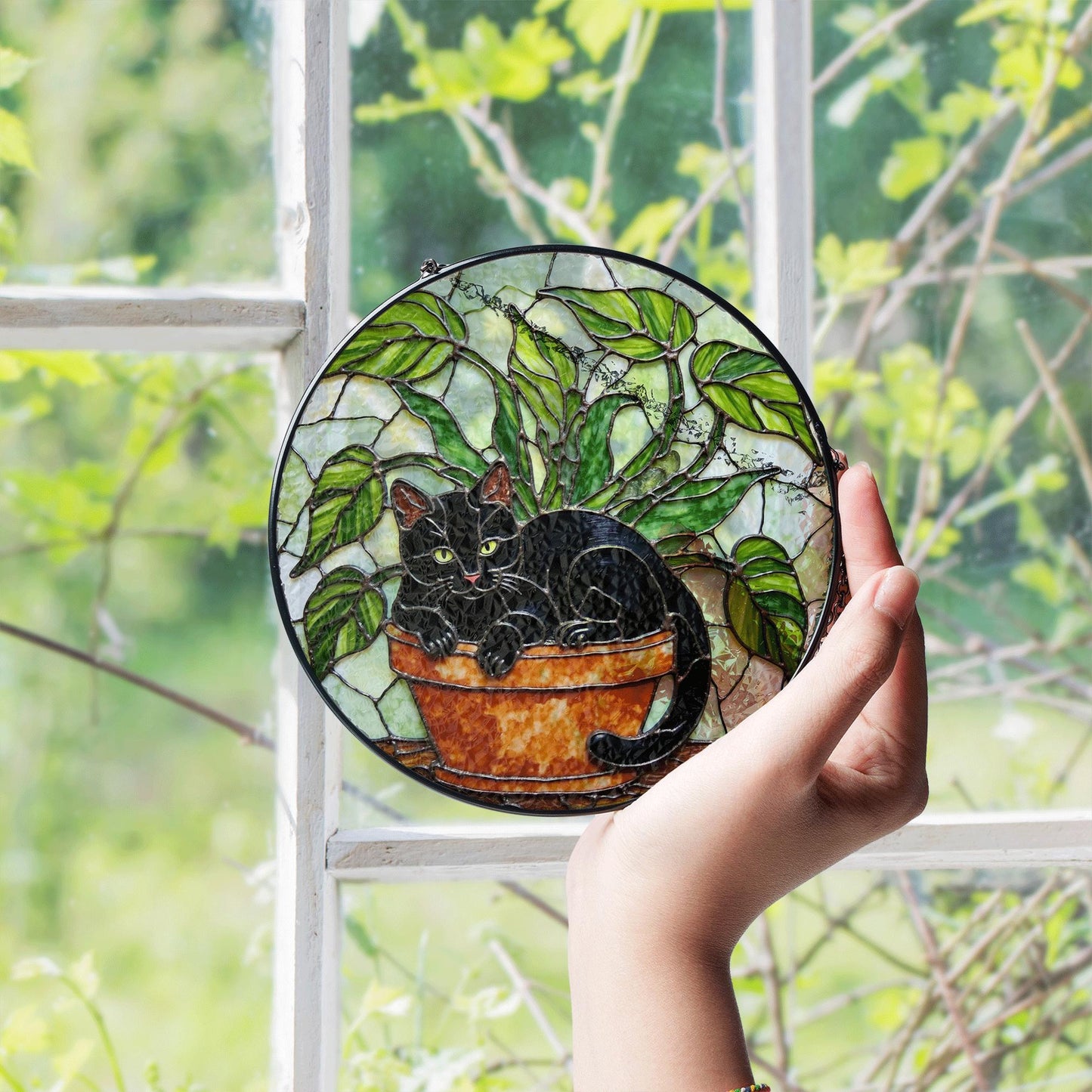 Black Cat Stained Glass Suncatcher Gift for Cat Lovers Window Decor