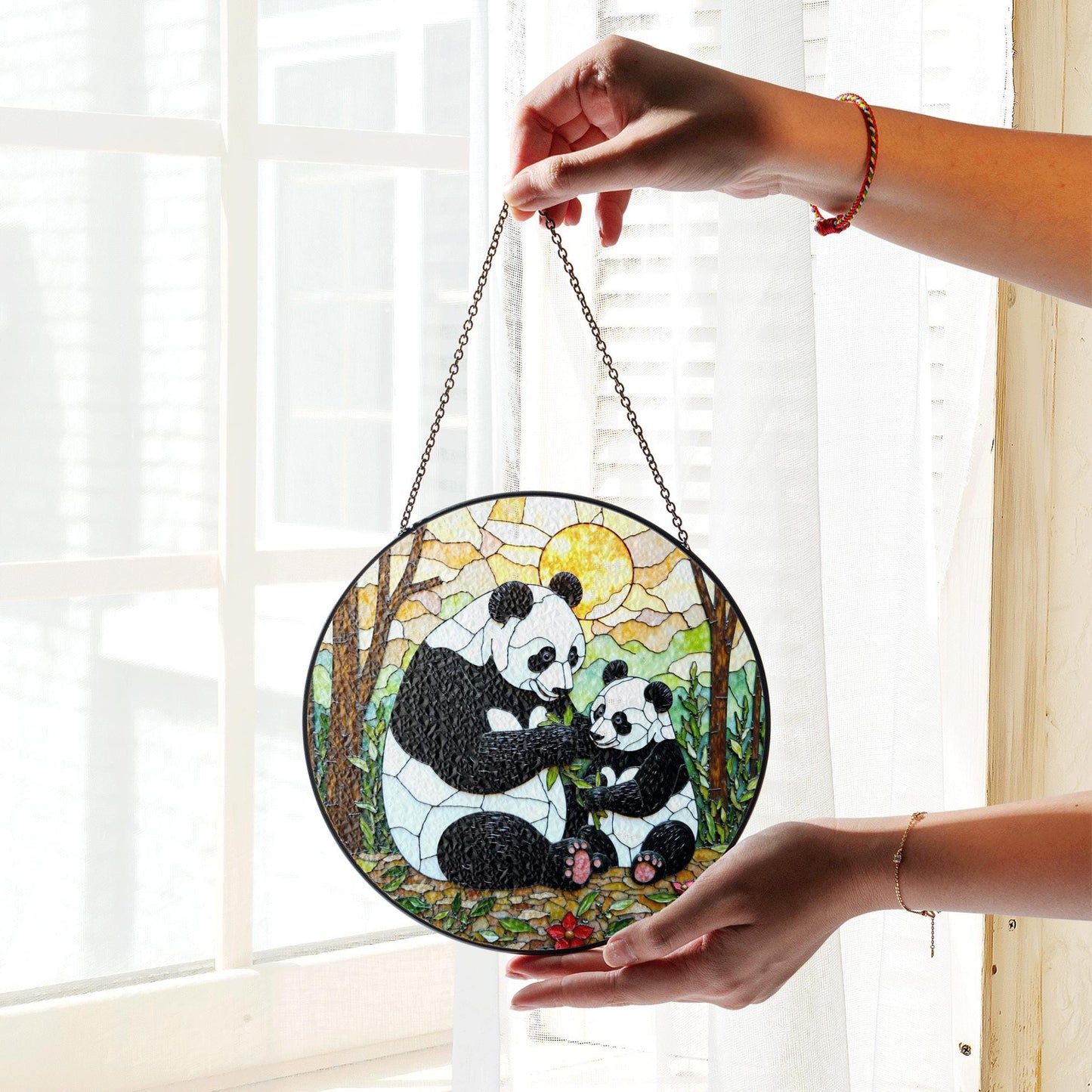 Panda Family Stained Glass Suncatcher Decorative Window Gift for Panda Lovers and Moms
