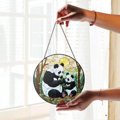 Panda Family Stained Glass Suncatcher Decorative Window Gift for Panda Lovers and Moms