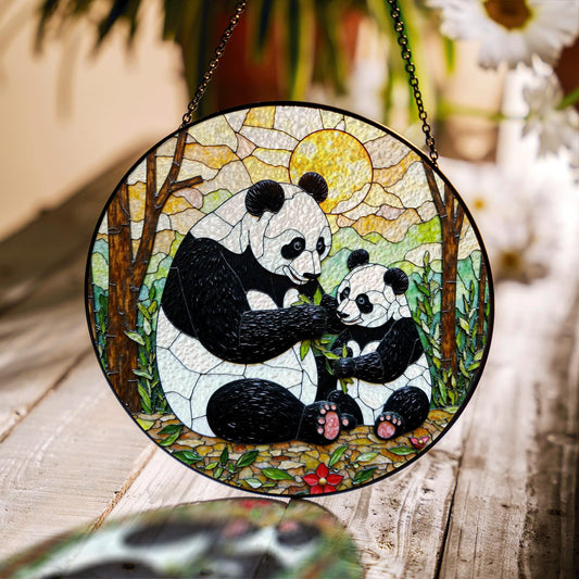 Panda Family Stained Glass Suncatcher Decorative Window Gift for Panda Lovers and Moms