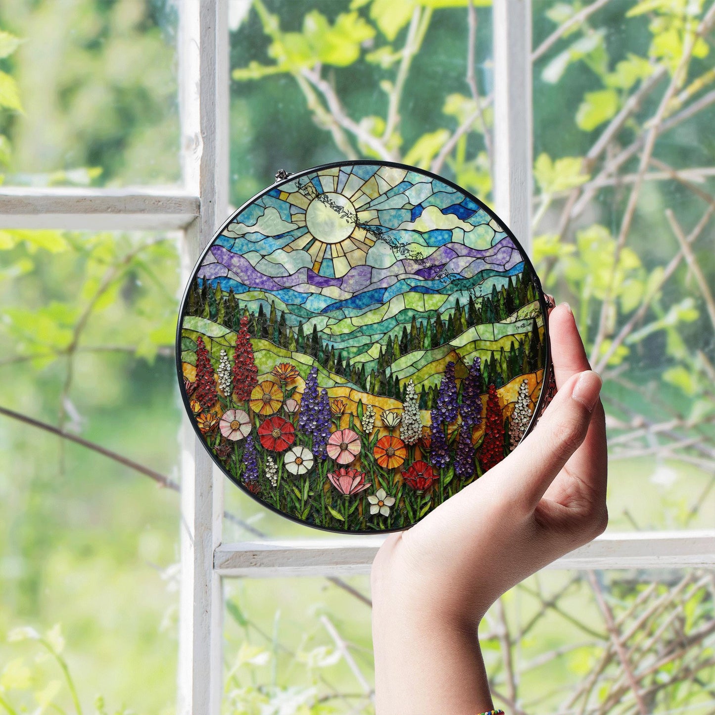 Colorful Flower Stained Glass Sun Catcher Window Art Gift for Her