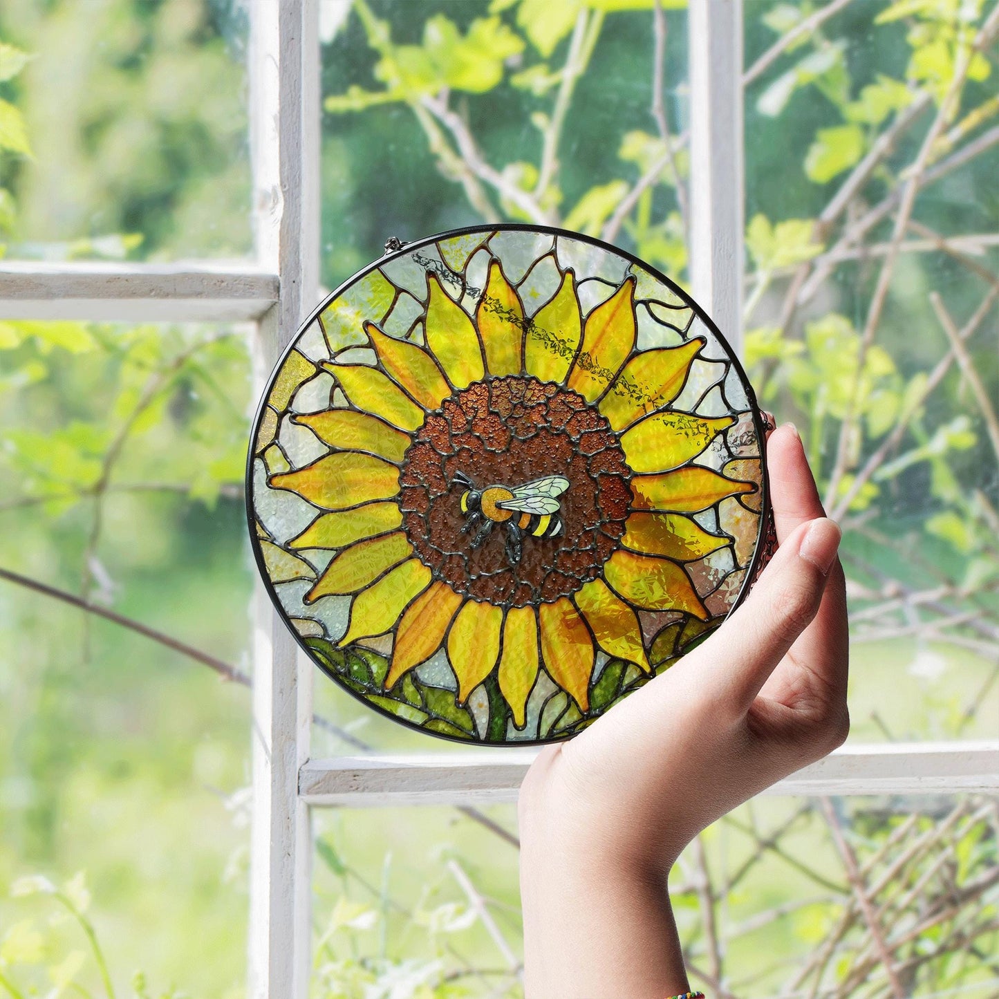 Sunflower Stained Glass Suncatcher Bee Decoration Gift for Garden Lovers