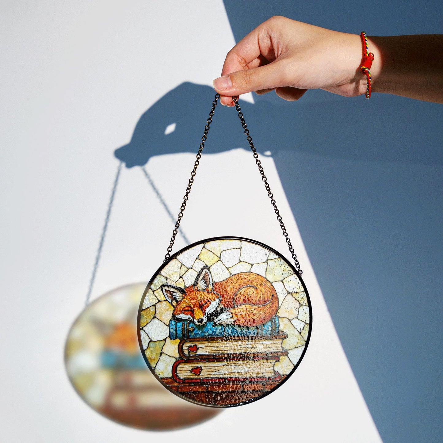 Fox Suncatcher Stained Glass Hanging Ornament Fox Sleeping on Books Perfect Gift for Book Lovers and Animal Enthusiasts