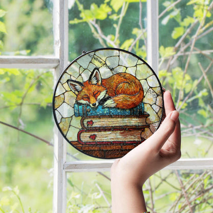 Fox Suncatcher Stained Glass Hanging Ornament Fox Sleeping on Books Perfect Gift for Book Lovers and Animal Enthusiasts
