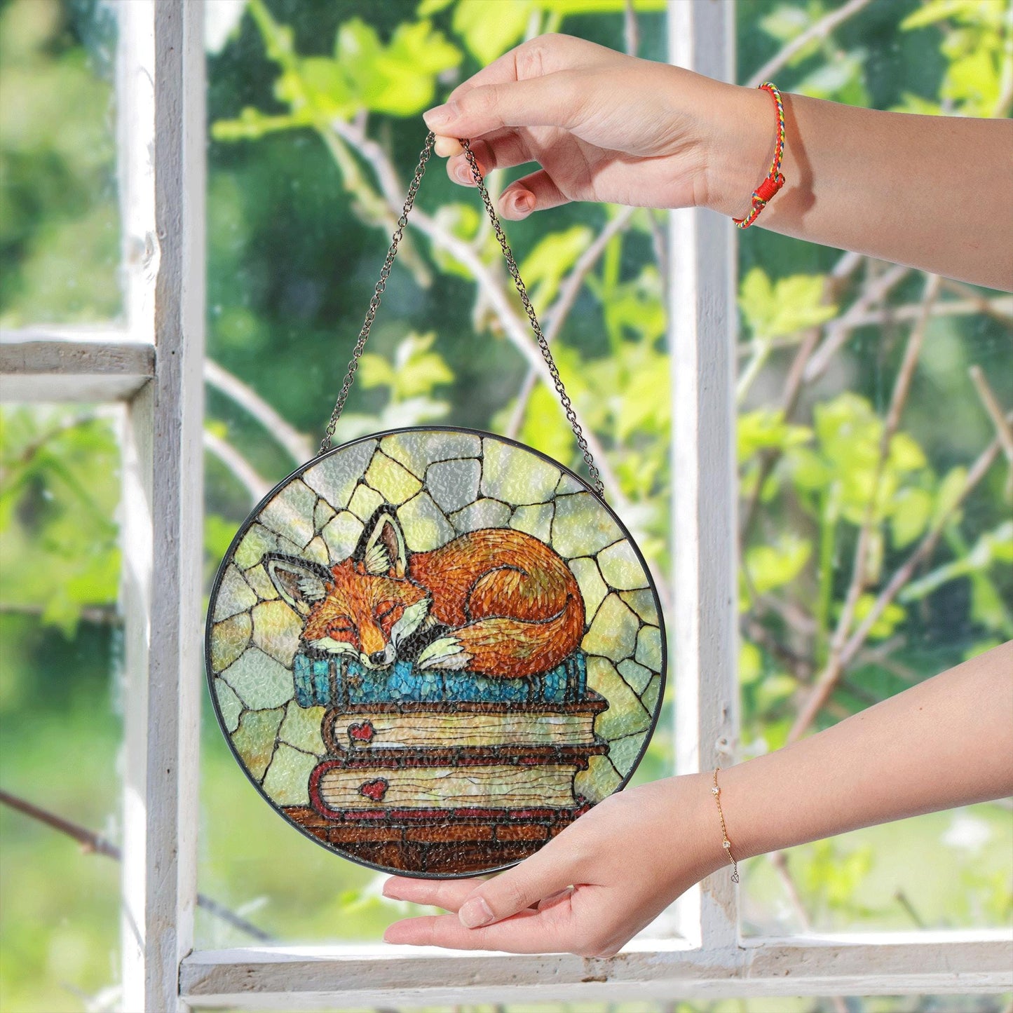 Fox Suncatcher Stained Glass Hanging Ornament Fox Sleeping on Books Perfect Gift for Book Lovers and Animal Enthusiasts